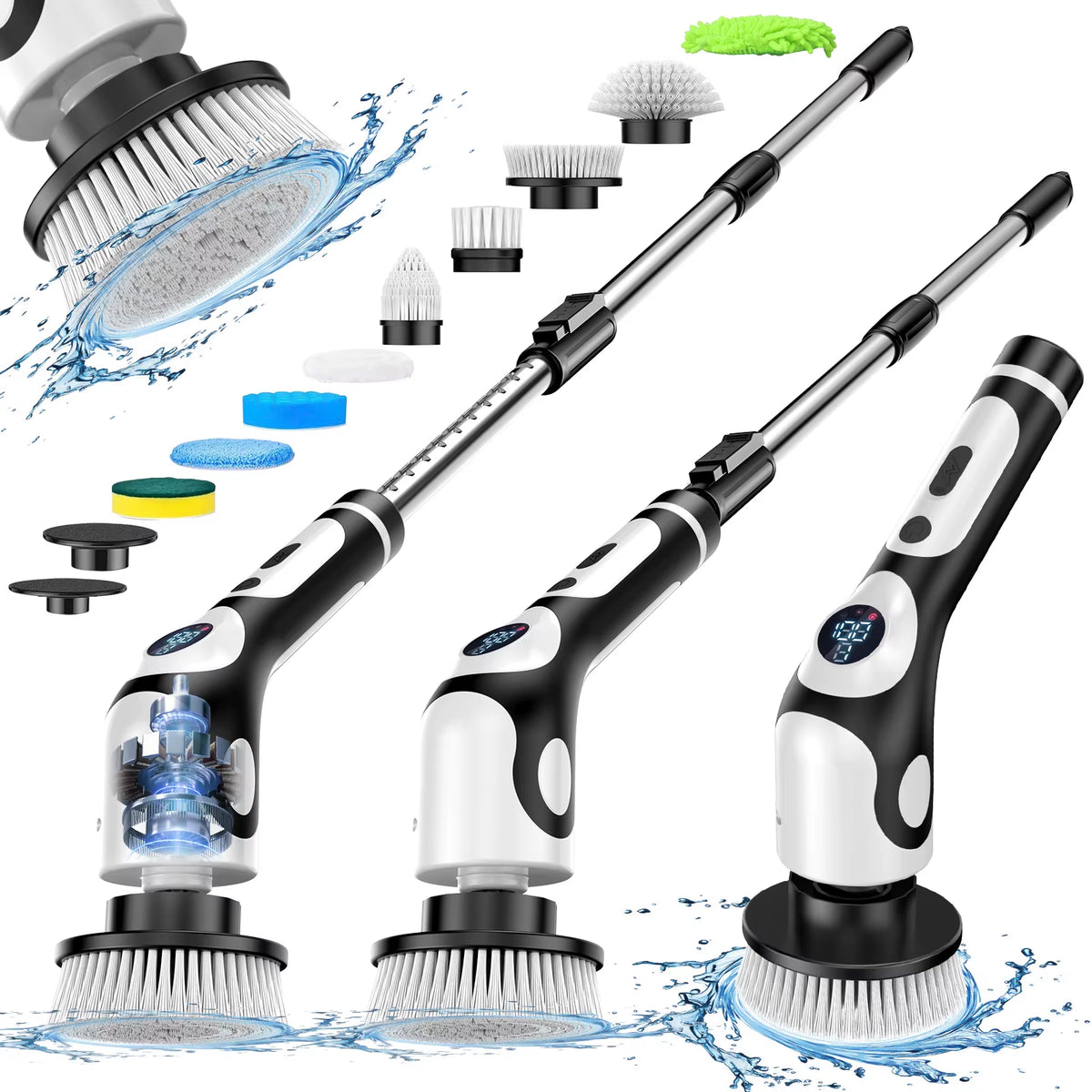 EzyClean Spin Scrubber with extendable handle and interchangeable heads