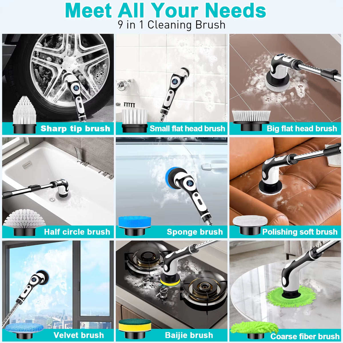 Nine EzyClean brush heads shown cleaning wheels, grout, tubs, glass, stovetops and furniture