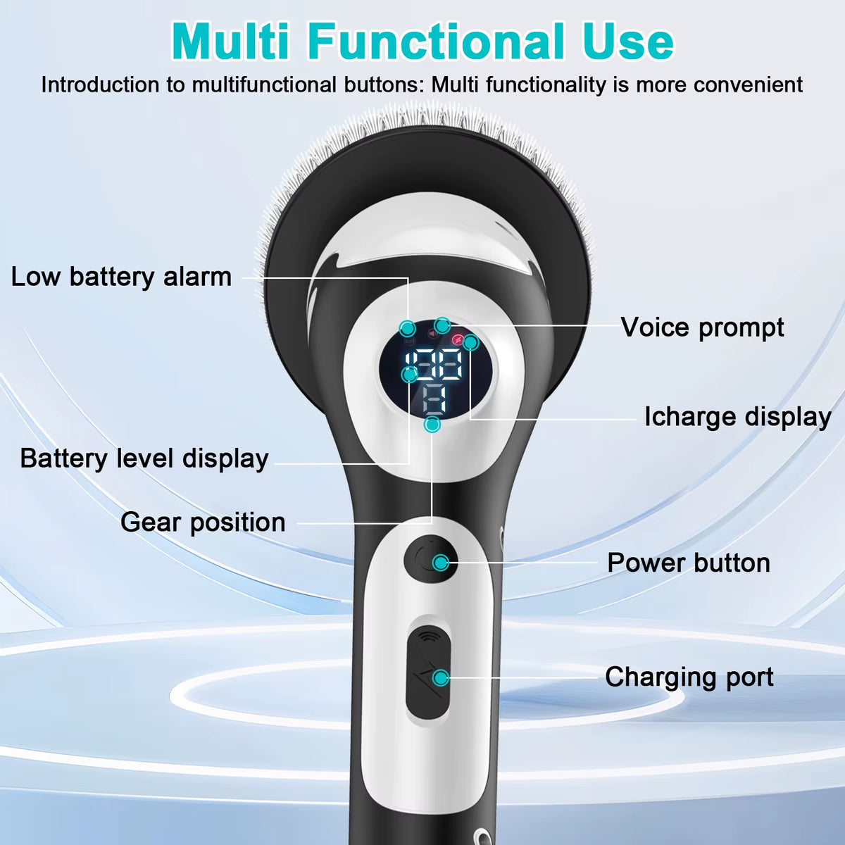 EzyClean Spin Scrubber controls: LED battery and speed display, power button and USB-C charging port